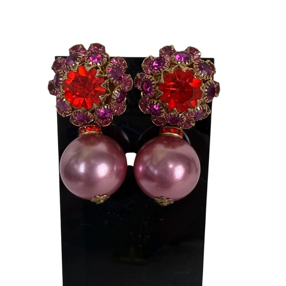 Pink Faux Pearl Red Magenta Rhinestone Floral Drop Statement Post Earrings